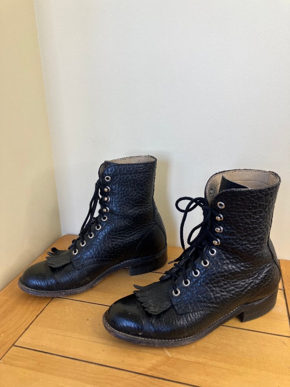Biltrite Leather Lace Up Kiltie Western Boots Black Fringe Vintage Womens US 7 C